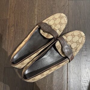 Gucci Beige and Brown Logo Loafers